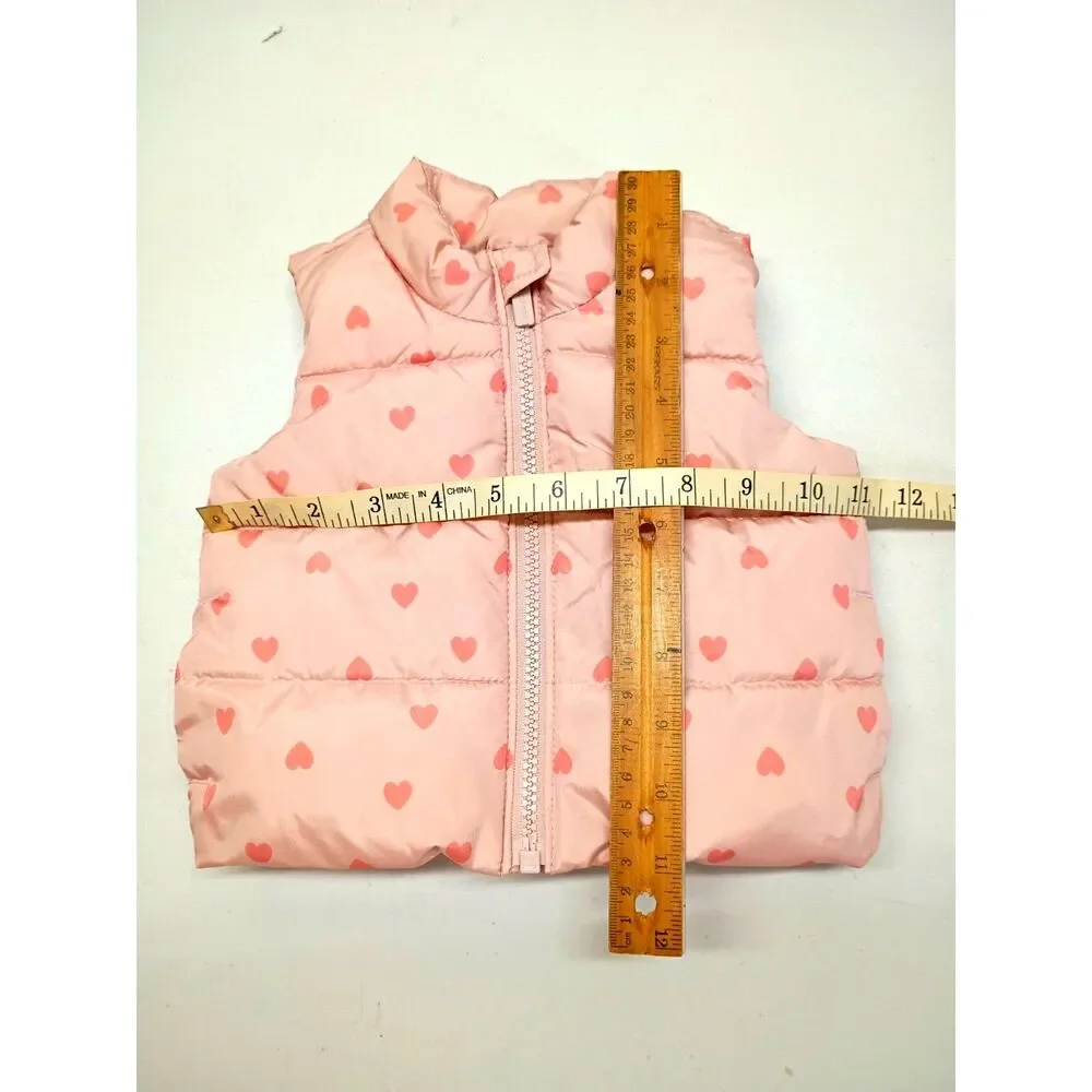 Infant Girl Old Navy Puffer Vest Sz 0-3M Zip Front Waterproof Pink Hearts Jacket